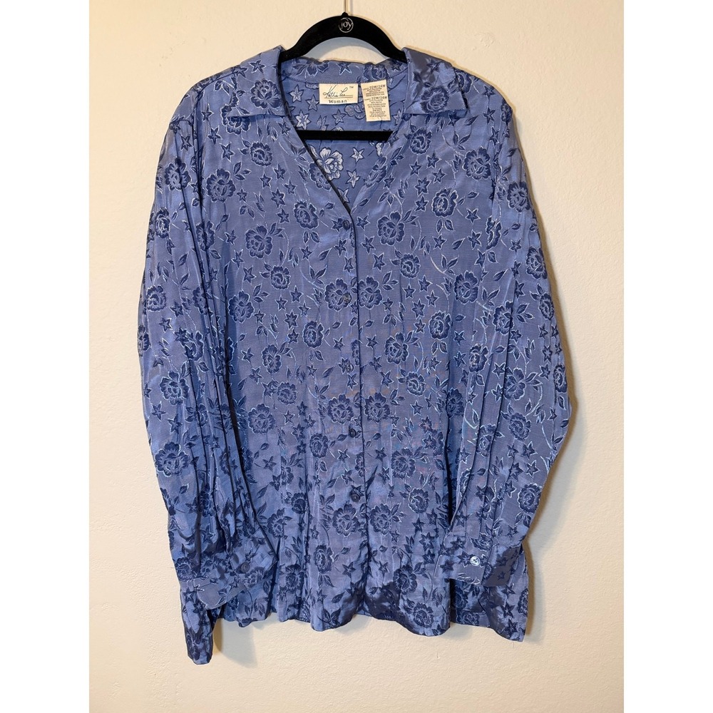 Kathie Lee Woman Y2K Blue Floral Jacquard Button Up Blouse Plus Size 22W/24W